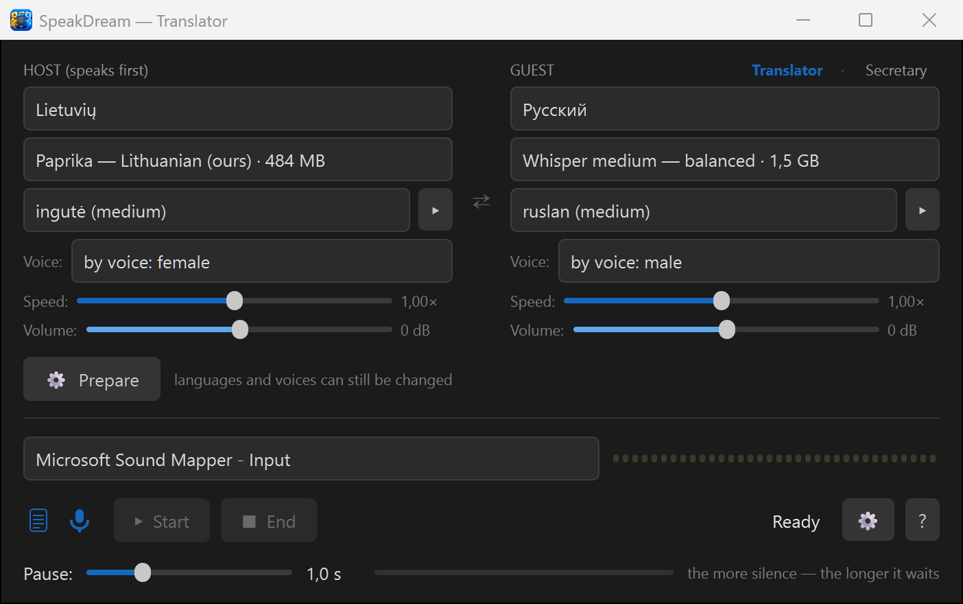 SpeakDream main window: host and guest languages, ears and voices for each side, Prepare and Start buttons